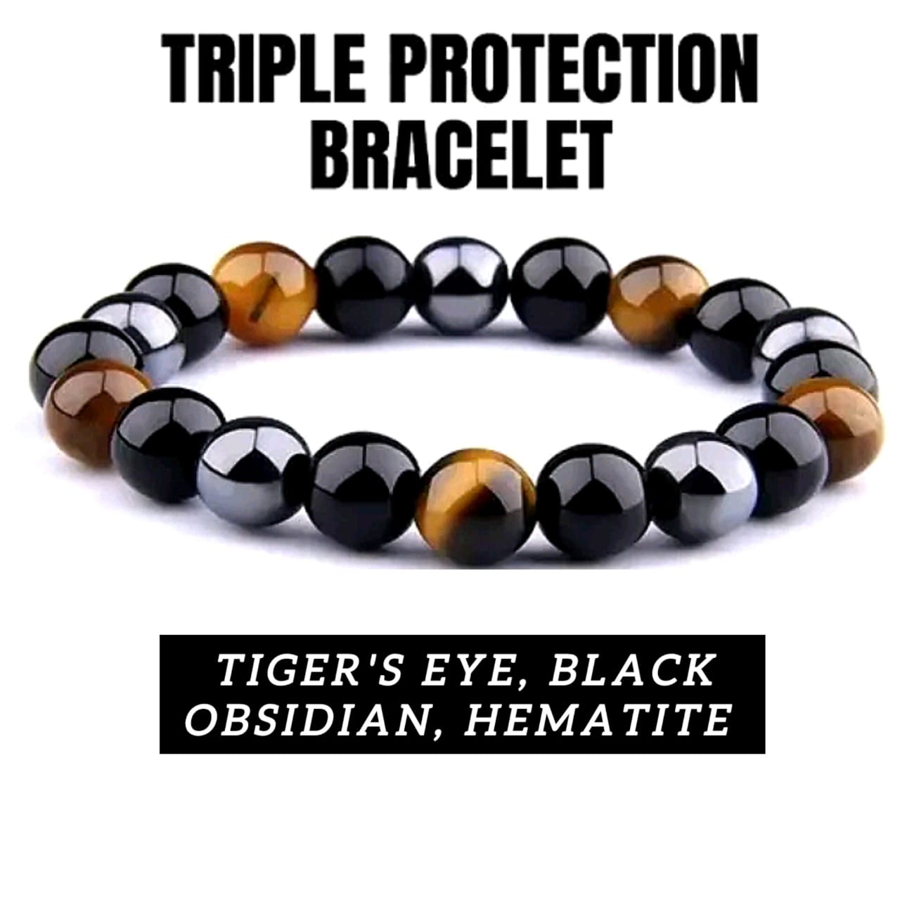 Triple Protection Bracelet for Men & Women (Certified) | Tiger Eye, Black Obsidian & Hematite Stone Bracelet | Power, Protection & Balance Crystal Energy Bracelet - Image 3