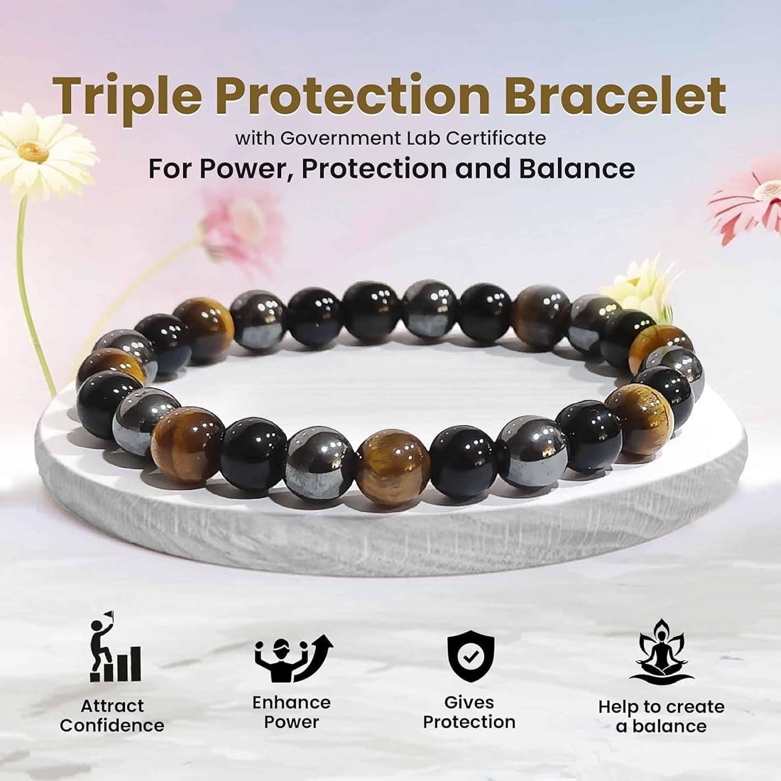 Triple Protection Bracelet for Men & Women (Certified) | Tiger Eye, Black Obsidian & Hematite Stone Bracelet | Power, Protection & Balance Crystal Energy Bracelet - Image 4