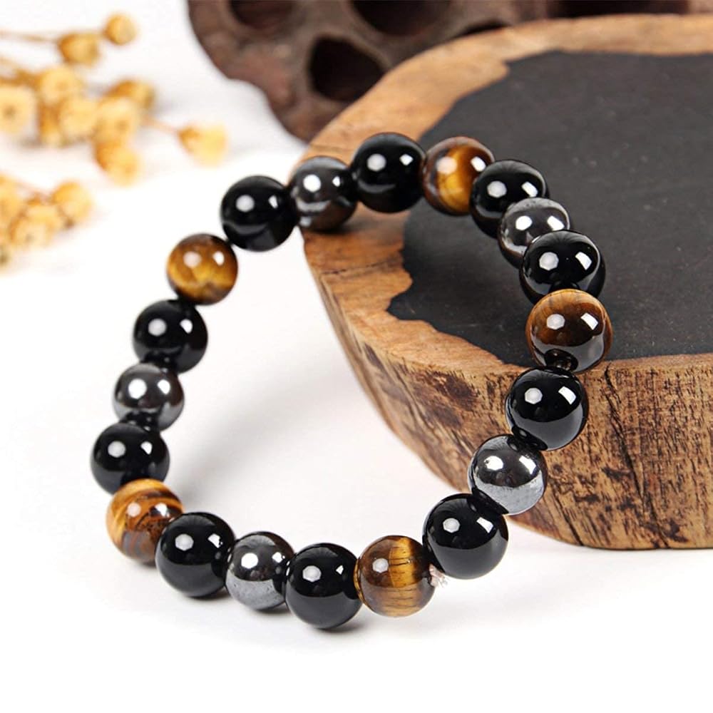Triple Protection Bracelet for Men & Women (Certified) | Tiger Eye, Black Obsidian & Hematite Stone Bracelet | Power, Protection & Balance Crystal Energy Bracelet - Image 2